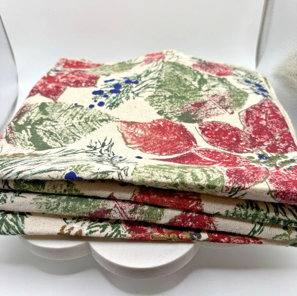 Christmas Napkins Poinsettia Pinecones Red Green Blue Holiday Pinecone 17” x 17